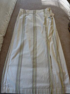 Women's White Linen-Blend Stripe Midi Skirt - Green & Gray Stripes